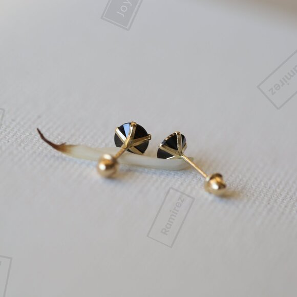 Solid 14K Gold Earrings With Black Zirconia 5 mm Classic Elegance & Bold Shine. - Picture 4 of 7